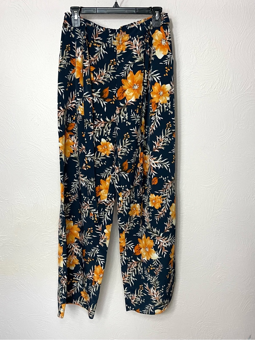 Blue Rain Navy Belted Wide-Leg Trousers with Tropical Flowers